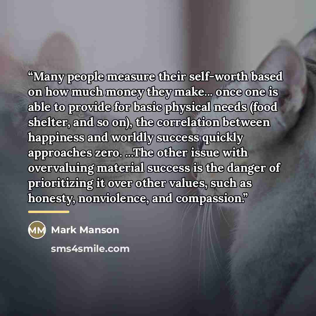 “Many people measure their self-worth based on how much money they make... once one is able to provide for basic physical needs (food shelter, and so on), the correlation between happiness and worldly success quickly approaches zero. ...The other issue with overvaluing material success is the…” quote by Mark Manson