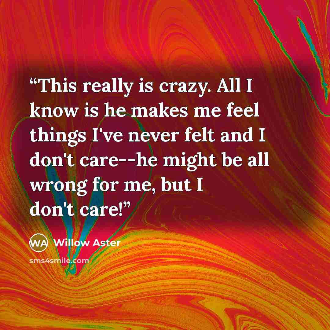 “This really is crazy. All I know is he makes me feel things I've never felt and I don't care--he might be all wrong for me, but I don't care!” quote by Willow Aster