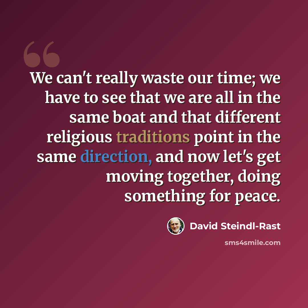 “We can't really waste our time; we have to see that we are all in the same boat and that different religious traditions point in the same direction, and now let's get moving together, doing something for peace.” quote by David Steindl-Rast