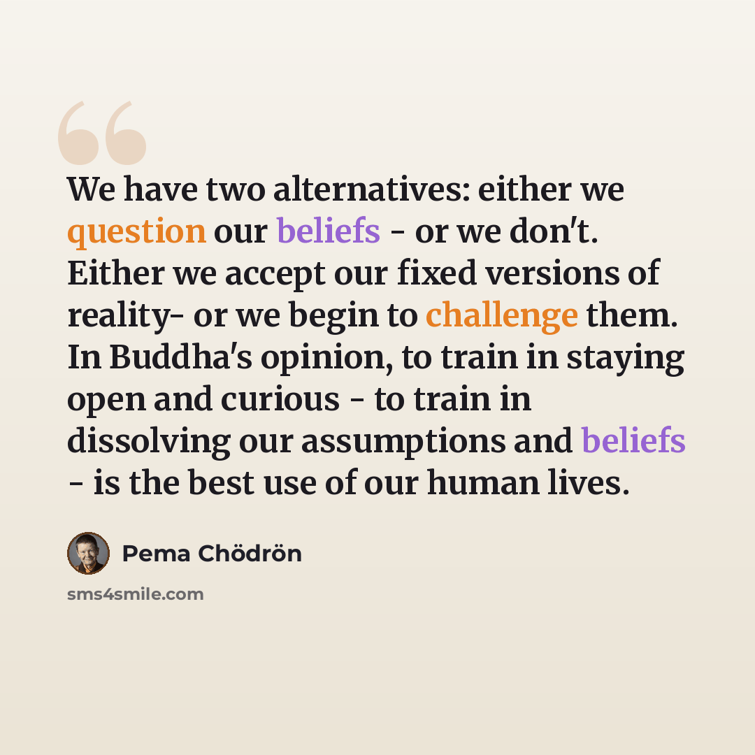 “We have two alternatives: either we question our beliefs - or we don't. Either we accept our fixed versions of reality- or we begin to challenge them. In Buddha's opinion, to train in staying open and curious - to train in dissolving our assumptions and beliefs - is the best use of our human lives.” quote by Pema Chodron