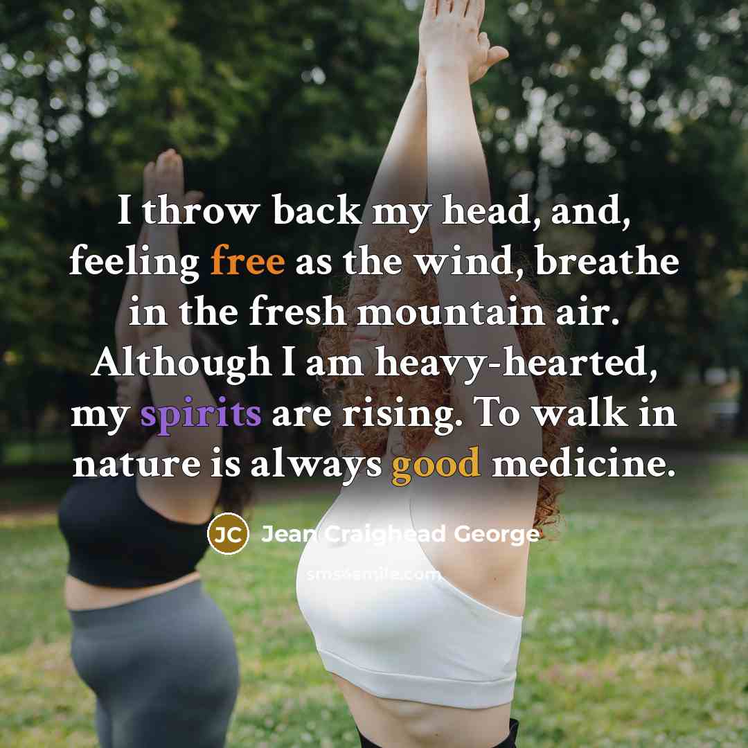 “I throw back my head, and, feeling free as the wind, breathe in the fresh mountain air. Although I am heavy-hearted, my spirits are rising. To walk in nature is always good medicine.” quote by Jean Craighead George