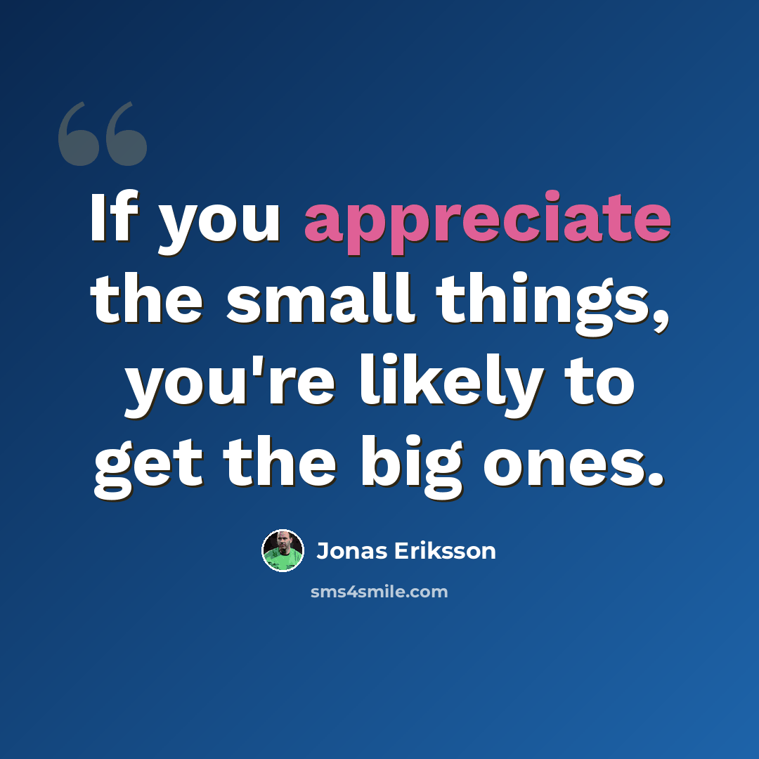 “If you appreciate the small things, you're likely to get the big ones.” quote by Jonas Eriksson