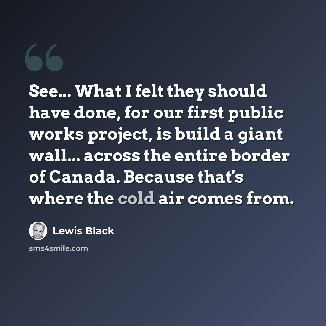 “See... What I felt they should have done, for our first public works project, is build a giant wall... across the entire border of Canada. Because that's where the cold air comes from.” quote by Lewis Black