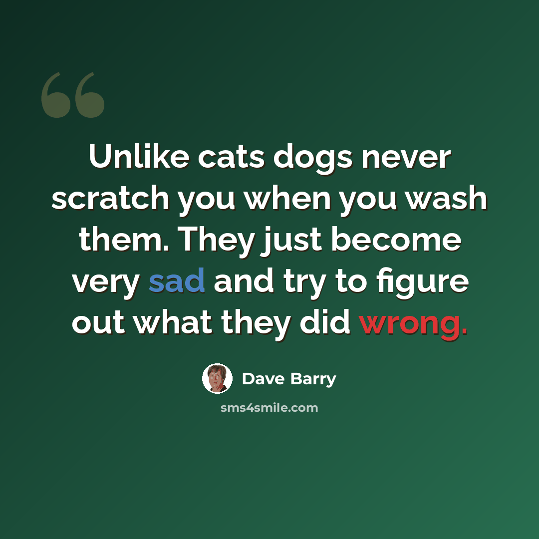 “Unlike cats dogs never scratch you when you wash them. They just become very sad and try to figure out what they did wrong.” quote by Dave Barry