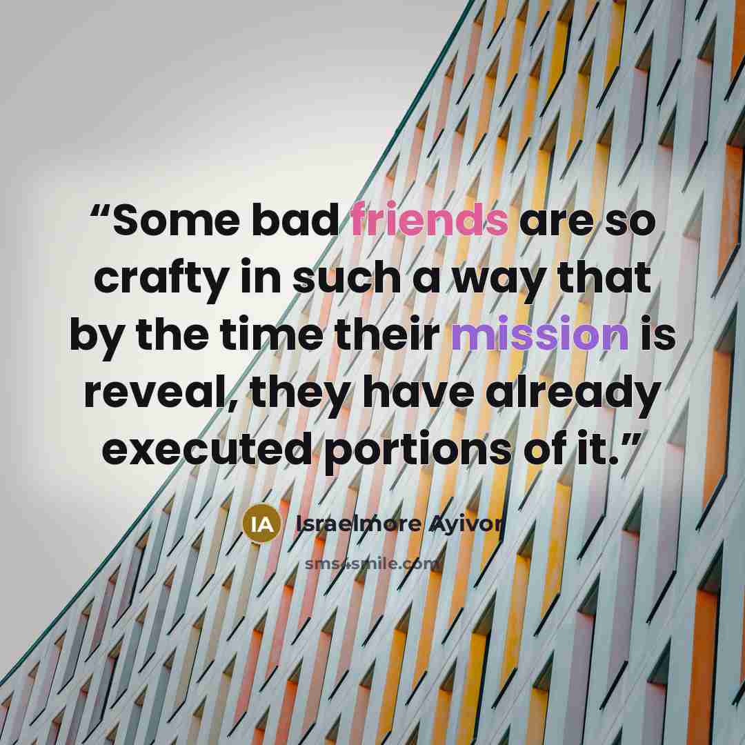 “Some bad friends are so crafty in such a way that by the time their mission is reveal, they have already executed portions of it.” quote by Israelmore Ayivor