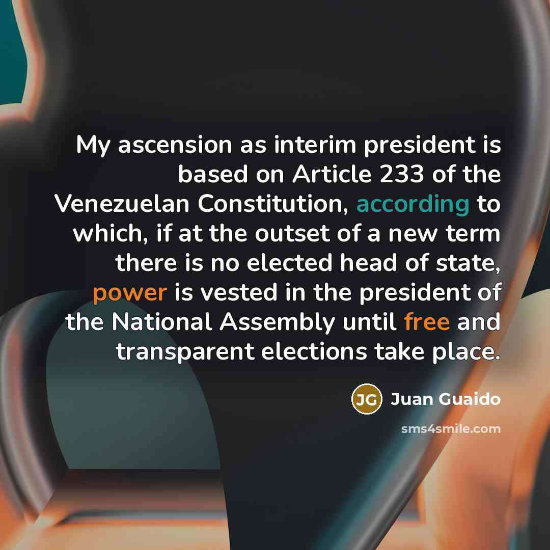 “My ascension as interim president is based on Article 233 of the Venezuelan Constitution, according to which, if at the outset of a new term there is no elected head of state, power is vested in the president of the National Assembly until free and transparent elections take place.” quote by Juan Guaido
