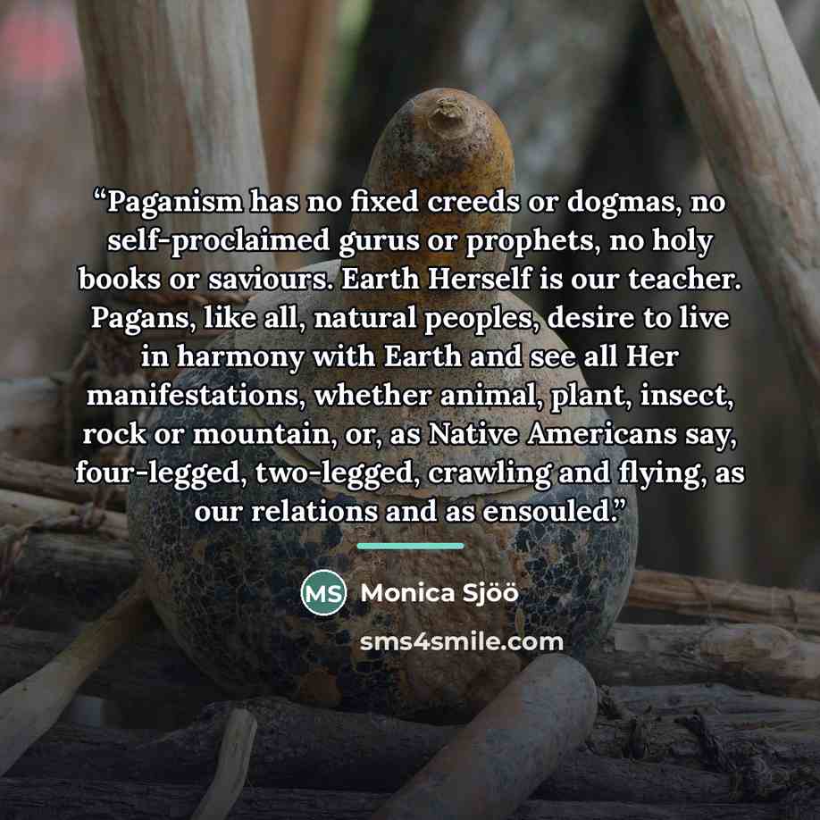 “Paganism has no fixed creeds or dogmas, no self-proclaimed gurus or prophets, no holy books or saviours. Earth Herself is our teacher. Pagans, like all, natural peoples, desire to live in harmony with Earth and see all Her manifestations, whether animal, plant, insect, rock or mountain, or, as…” quote by Monica Sjoo