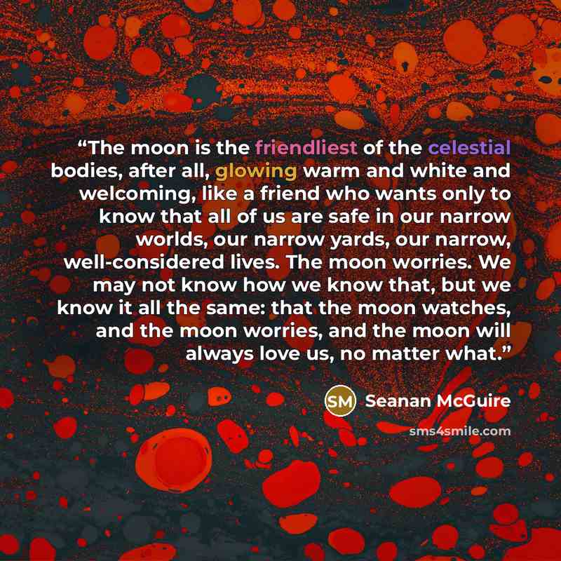 “The moon is the friendliest of the celestial bodies, after all, glowing warm and white and welcoming, like a friend who wants only to know that all of us are safe in our narrow worlds, our narrow yards, our narrow, well-considered lives. The moon worries. We may not know how we know that, but we…” quote by Seanan McGuire