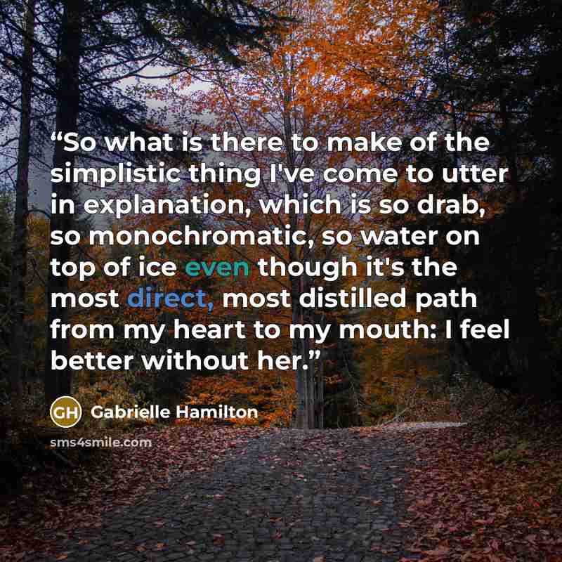 “So what is there to make of the simplistic thing I've come to utter in explanation, which is so drab, so monochromatic, so water on top of ice even though it's the most direct, most distilled path from my heart to my mouth: I feel better without her.” quote by Gabrielle Hamilton