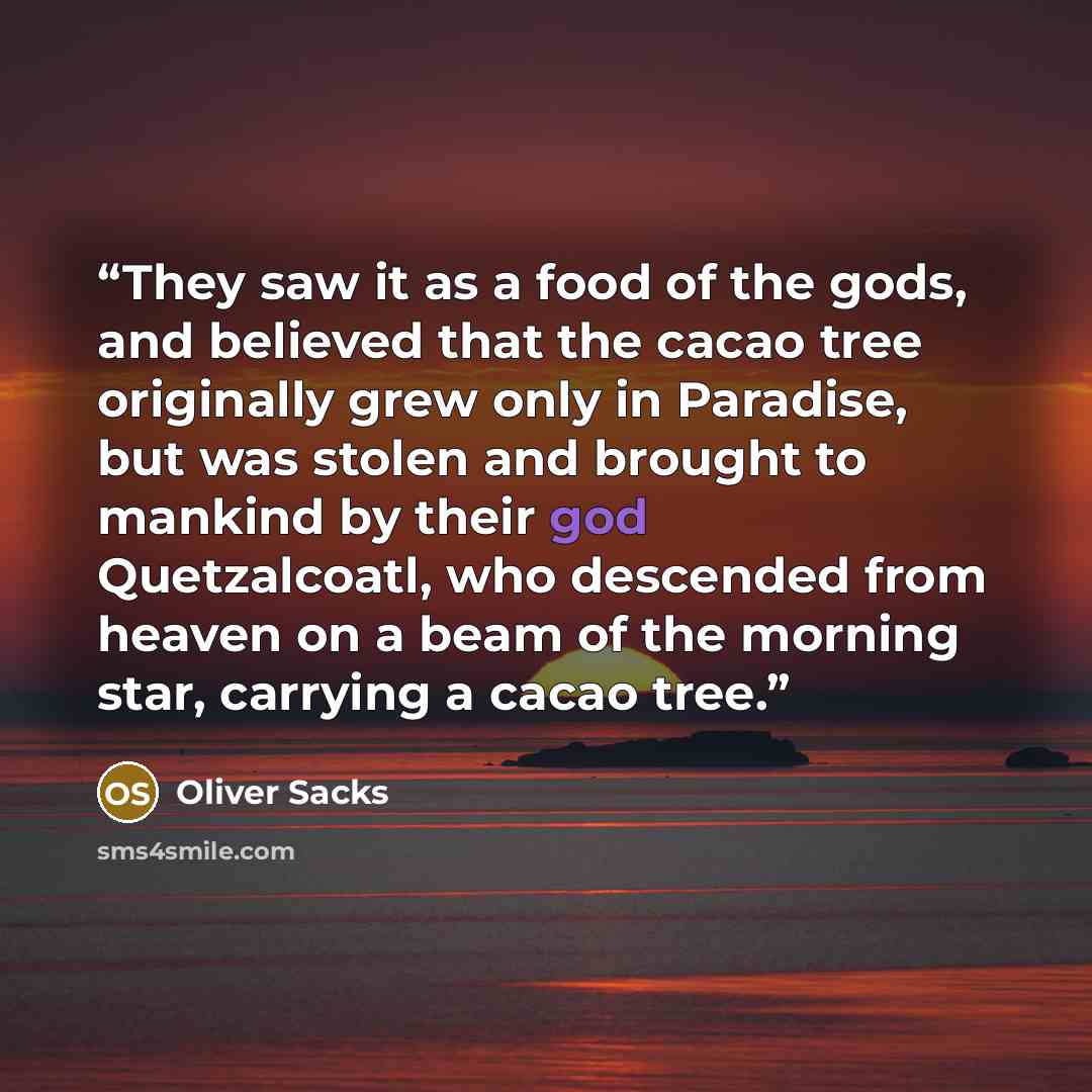“They saw it as a food of the gods, and believed that the cacao tree originally grew only in Paradise, but was stolen and brought to mankind by their god Quetzalcoatl, who descended from heaven on a beam of the morning star, carrying a cacao tree.” quote by Oliver Sacks