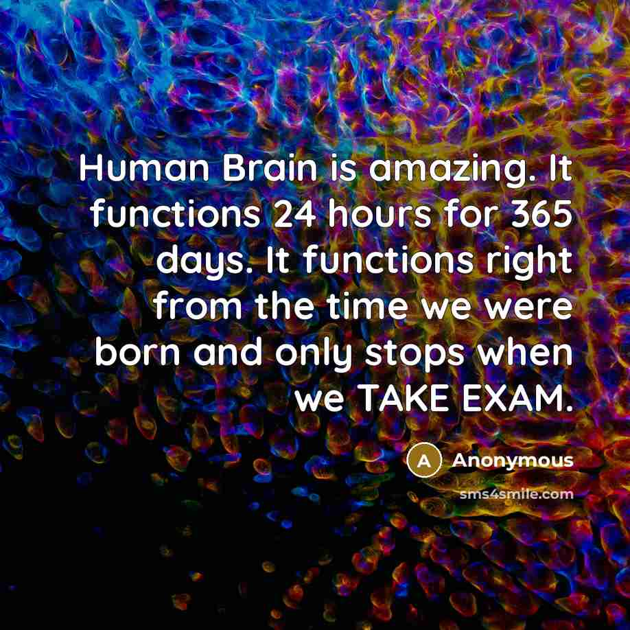 “Human Brain is amazing. It functions 24 hours for 365 days. It functions right from the time we were born and only stops when we TAKE EXAM.” quote by Anonymous