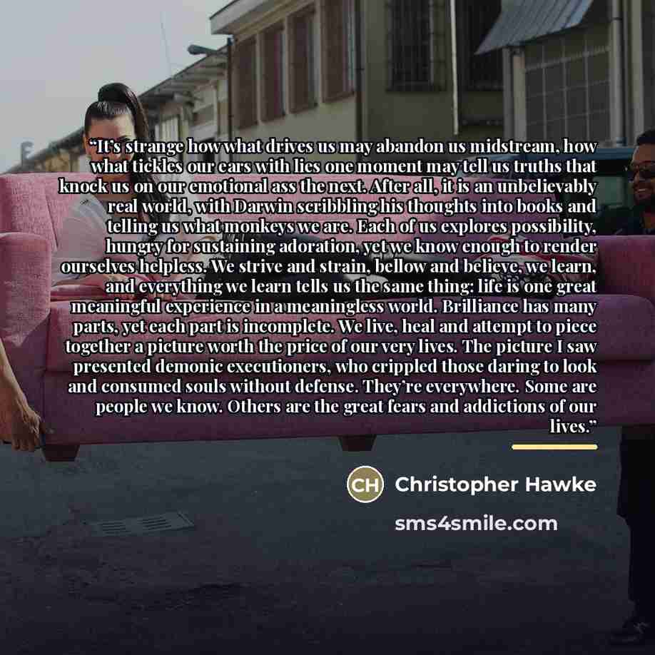“It’s strange how what drives us may abandon us midstream, how what tickles our ears with lies one moment may tell us truths that knock us on our emotional ass the next. After all, it is an unbelievably real world, with Darwin scribbling his thoughts into books and telling us what monkeys we are…” quote by Christopher Hawke