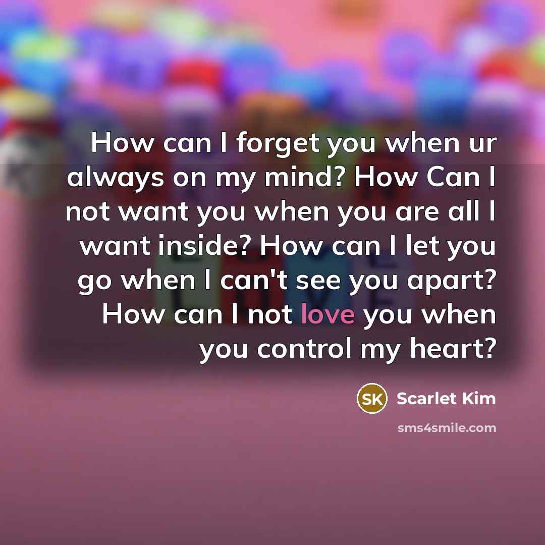 “How can I forget you when ur always on my mind? How Can I not want you when you are all I want inside? How can I let you go when I can't see you apart? How can I not love you when you control my heart?” quote by Scarlet Kim