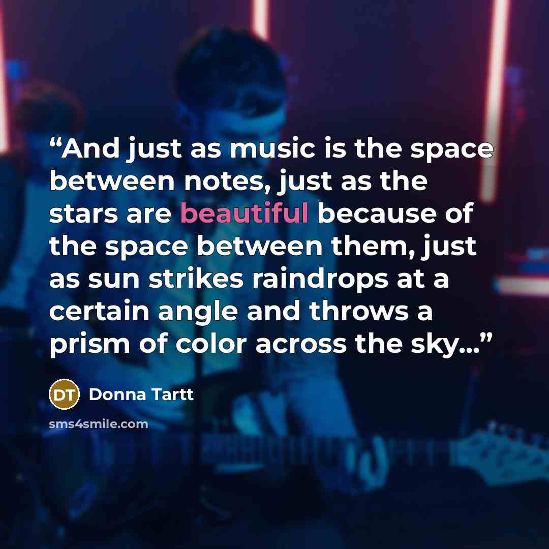 “And just as music is the space between notes, just as the stars are beautiful because of the space between them, just as sun strikes raindrops at a certain angle and throws a prism of color across the sky...” quote by Donna Tartt