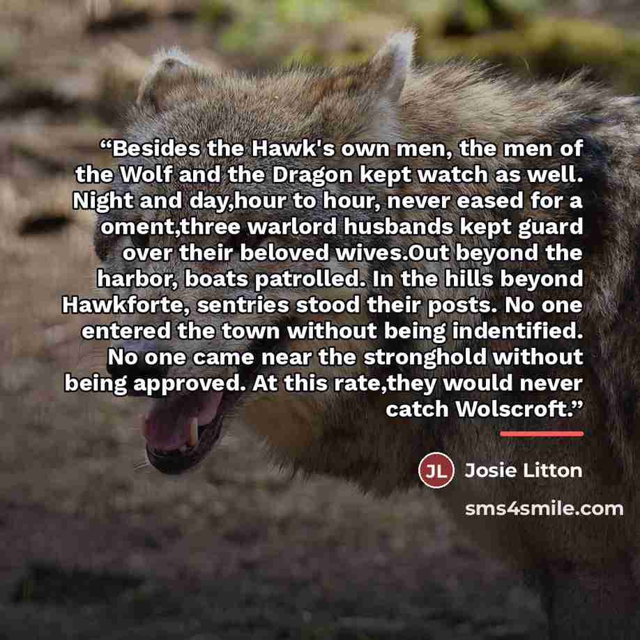 “Besides the Hawk's own men, the men of the Wolf and the Dragon kept watch as well. Night and day,hour to hour, never eased for a oment,three warlord husbands kept guard over their beloved wives.Out beyond the harbor, boats patrolled. In the hills beyond Hawkforte, sentries stood their posts. No…” quote by Josie Litton
