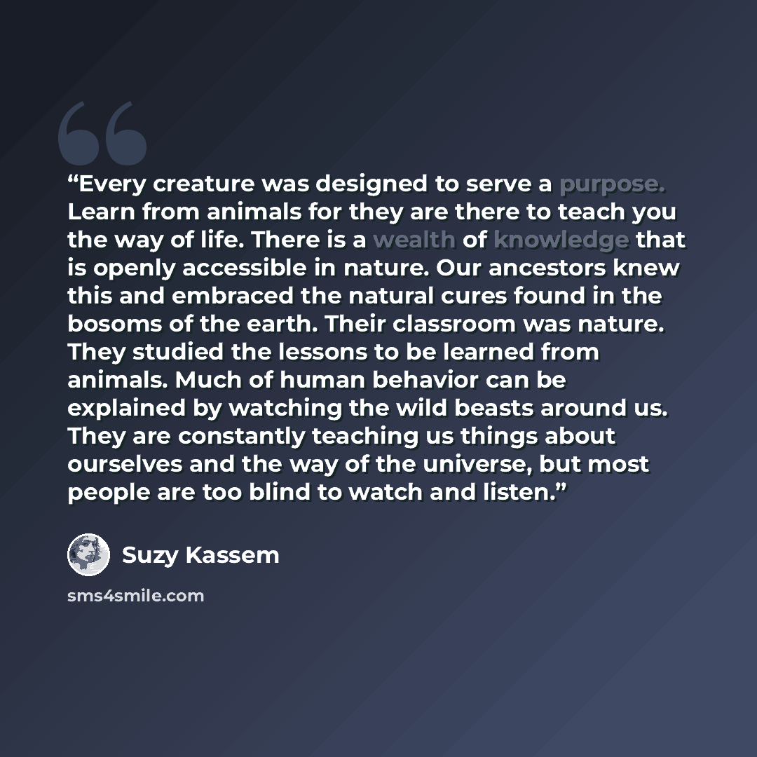 “Every creature was designed to serve a purpose. Learn from animals for they are there to teach you the way of life. There is a wealth of knowledge that is openly accessible in nature. Our ancestors knew this and embraced the natural cures found in the bosoms of the earth. Their classroom was…” quote by Suzy Kassem