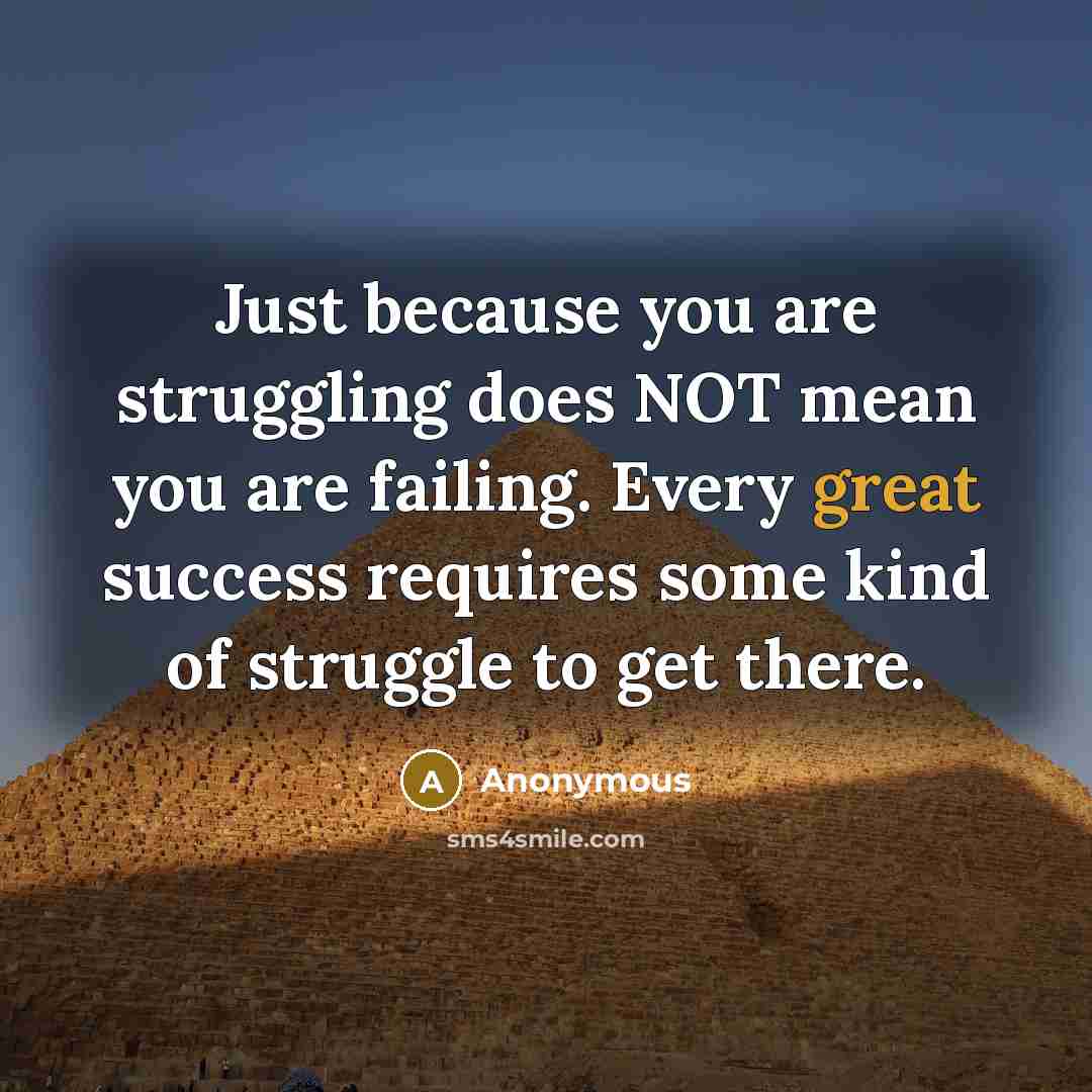 “Just because you are struggling does NOT mean you are failing. Every great success requires some kind of struggle to get there.” quote by Anonymous