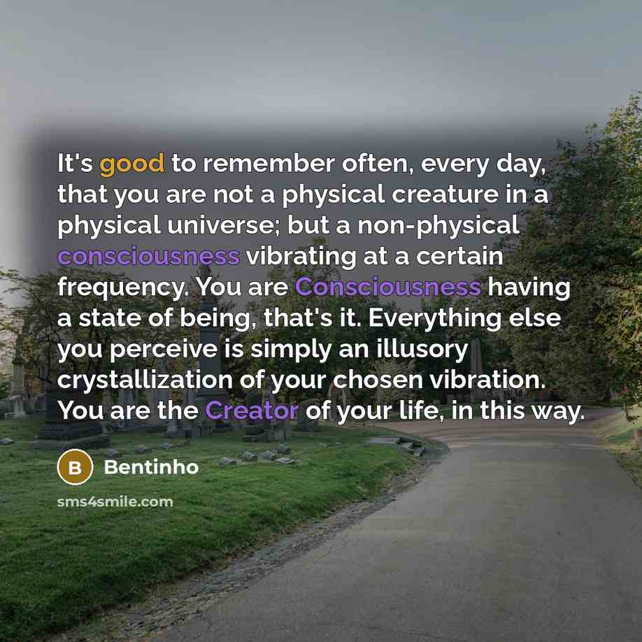 “It's good to remember often, every day, that you are not a physical creature in a physical universe; but a non-physical consciousness vibrating at a certain frequency. You are Consciousness having a state of being, that's it. Everything else you perceive is simply an illusory crystallization of…” quote by Bentinho