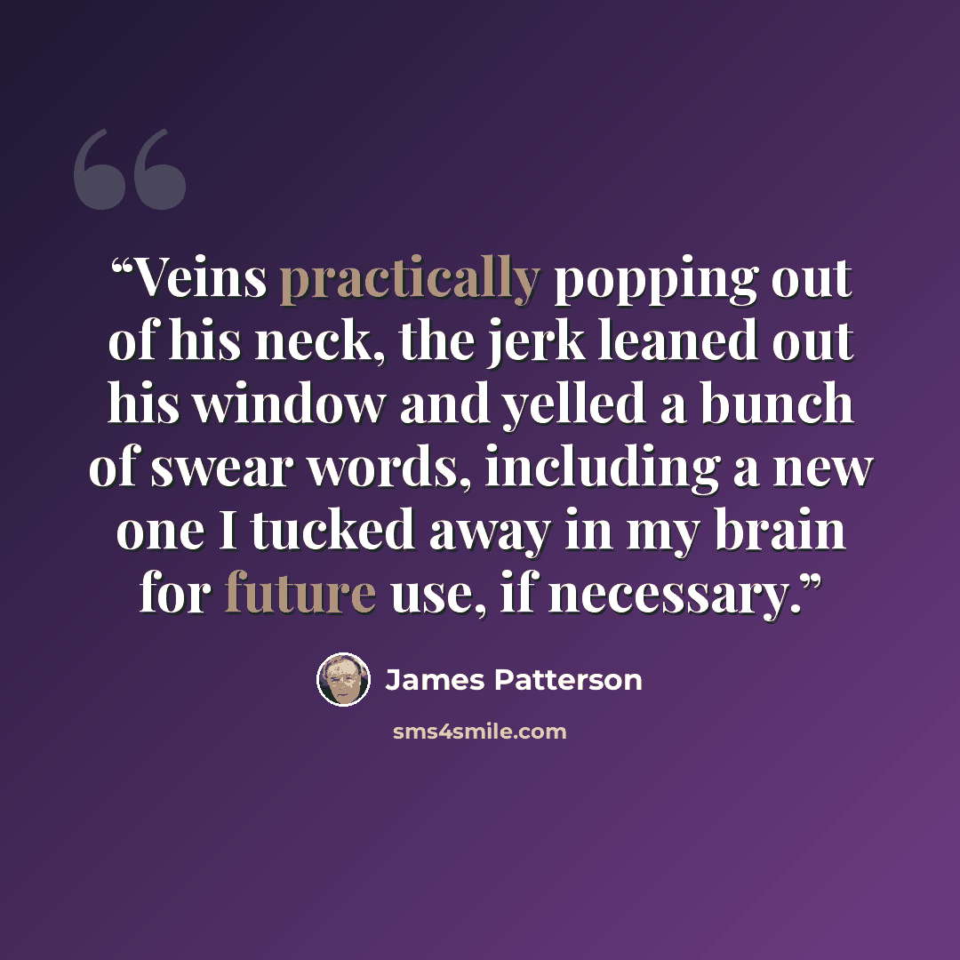 “Veins practically popping out of his neck, the jerk leaned out his window and yelled a bunch of swear words, including a new one I tucked away in my brain for future use, if necessary.” quote by James Patterson