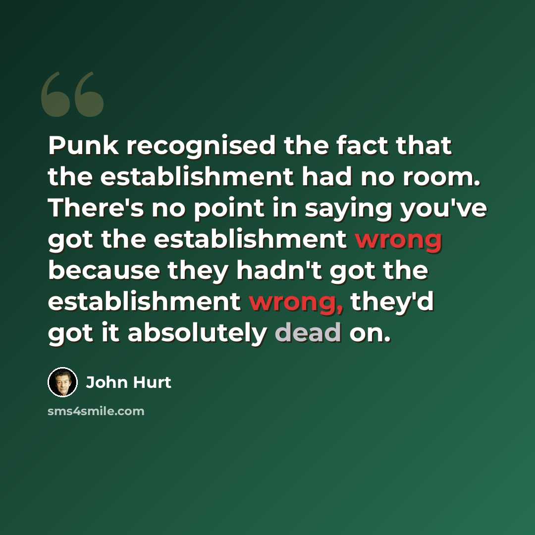“Punk recognised the fact that the establishment had no room. There's no point in saying you've got the establishment wrong because they hadn't got the establishment wrong, they'd got it absolutely dead on.” quote by John Hurt