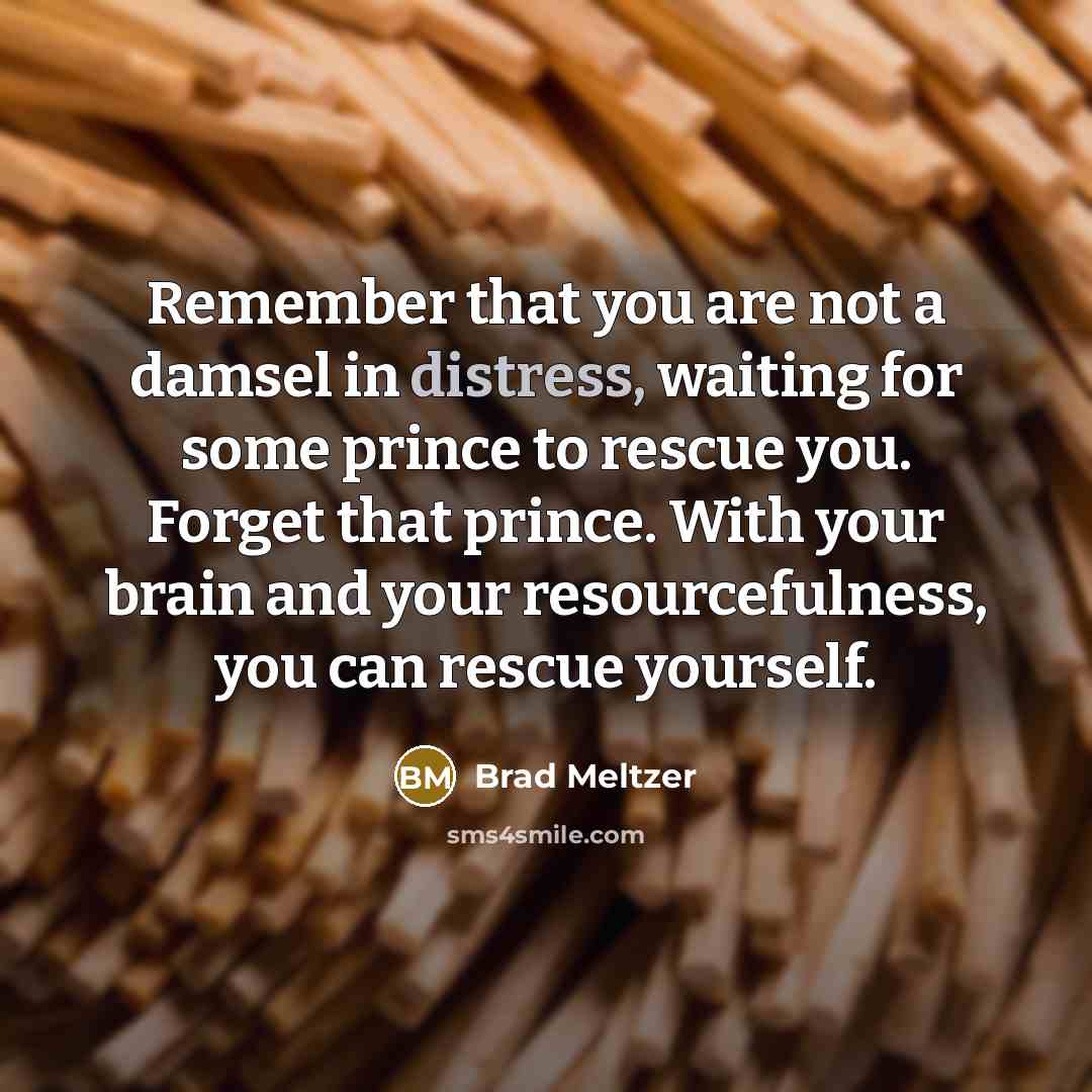 “Remember that you are not a damsel in distress, waiting for some prince to rescue you. Forget that prince. With your brain and your resourcefulness, you can rescue yourself.” quote by Brad Meltzer