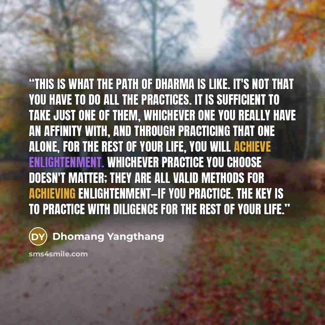 “This is what the path of Dharma is like. It's not that you have to do all the practices. It is sufficient to take just one of them, whichever one you really have an affinity with, and through practicing that one alone, for the rest of your life, you will achieve enlightenment. Whichever practice…” quote by Dhomang Yangthang