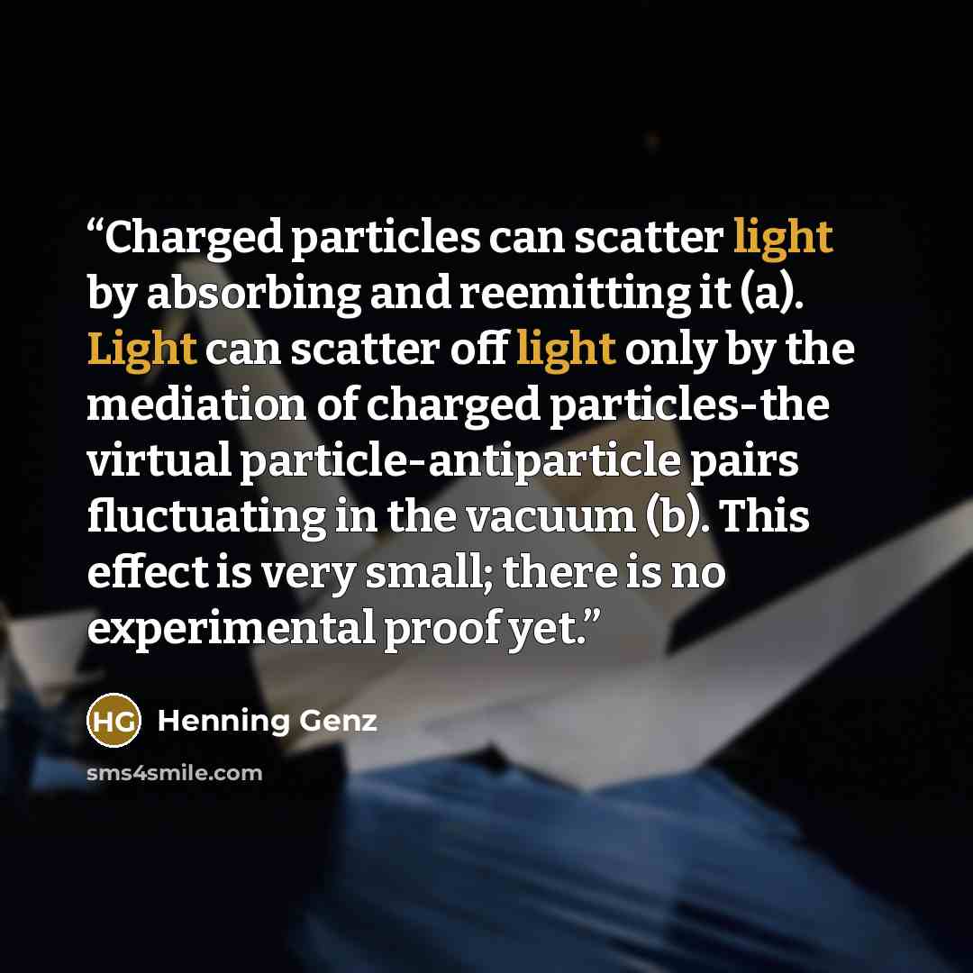 “Charged particles can scatter light by absorbing and reemitting it (a). Light can scatter off light only by the mediation of charged particles-the virtual particle-antiparticle pairs fluctuating in the vacuum (b). This effect is very small; there is no experimental proof yet.” quote by Henning Genz