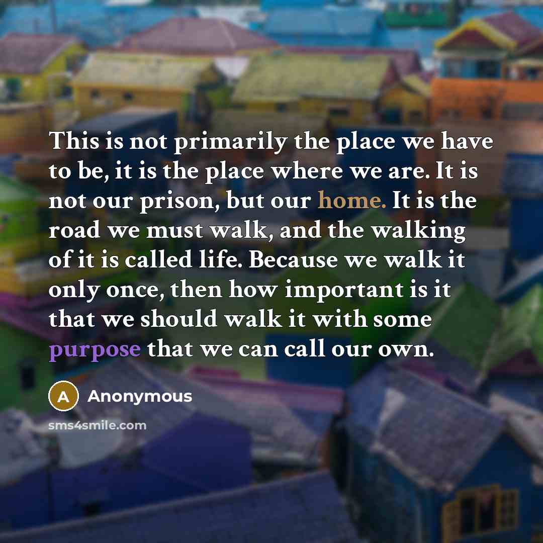 “This is not primarily the place we have to be, it is the place where we are. It is not our prison, but our home. It is the road we must walk, and the walking of it is called life. Because we walk it only once, then how important is it that we should walk it with some purpose that we can call our…” quote by Anonymous