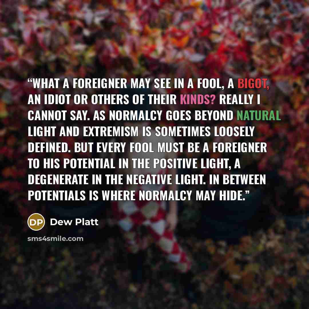 “What a foreigner may see in a fool, a bigot, an idiot or others of their kinds? Really I cannot say. As normalcy goes beyond natural light and extremism is sometimes loosely defined. But every fool must be a foreigner to his potential in the positive light, a degenerate in the negative light. In…” quote by Dew Platt