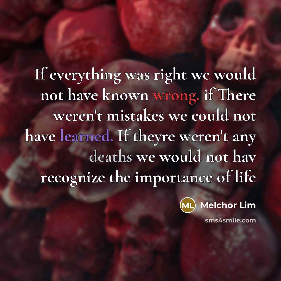 “If everything was right we would not have known wrong. if There weren't mistakes we could not have learned. If theyre weren't any deaths we would not hav recognize the importance of life” quote by Melchor Lim