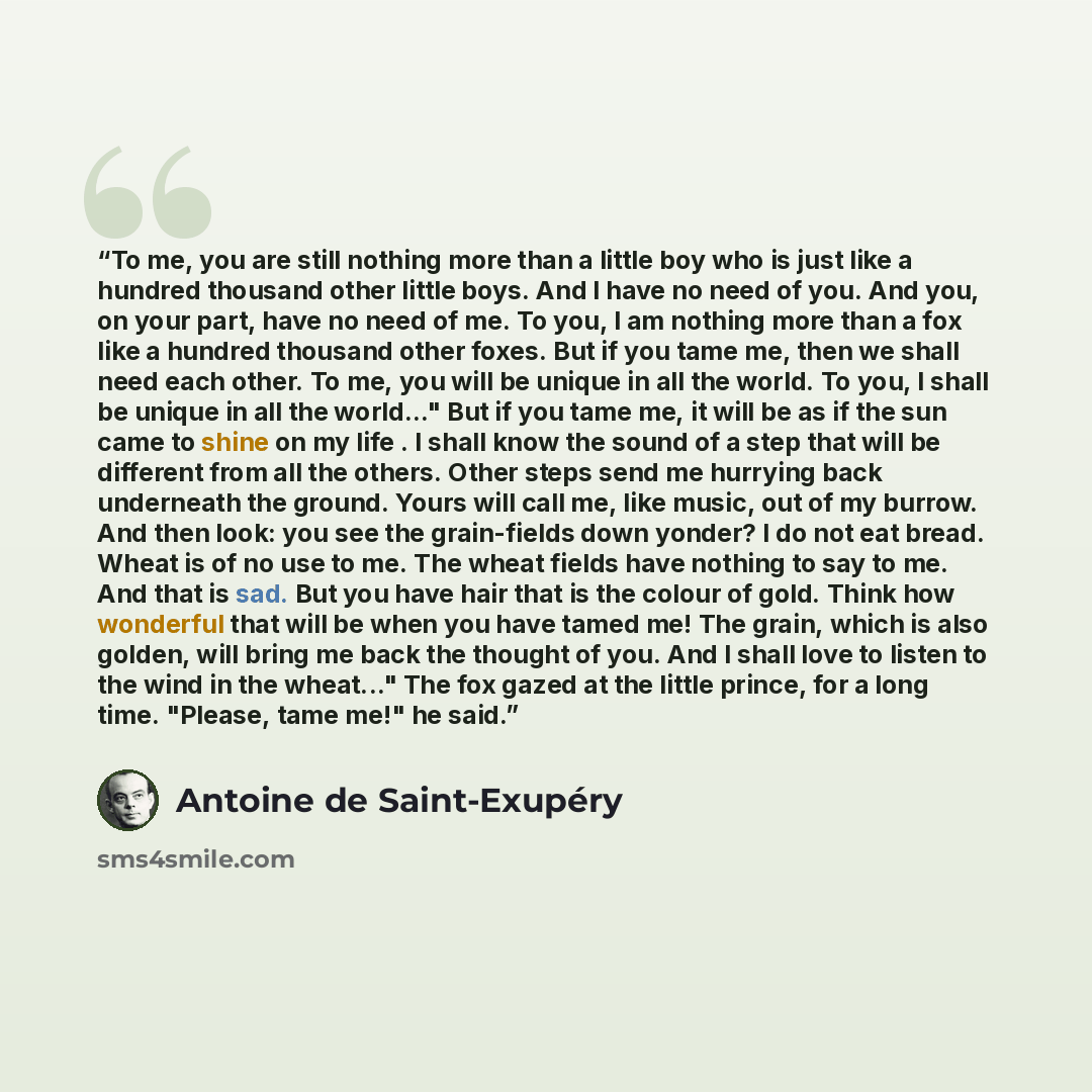 “To me, you are still nothing more than a little boy who is just like a hundred thousand other little boys. And I have no need of you. And you, on your part, have no need of me. To you, I am nothing more than a fox like a hundred thousand other foxes. But if you tame me, then we shall need each…” quote by Antoine de Saint-Exupéry