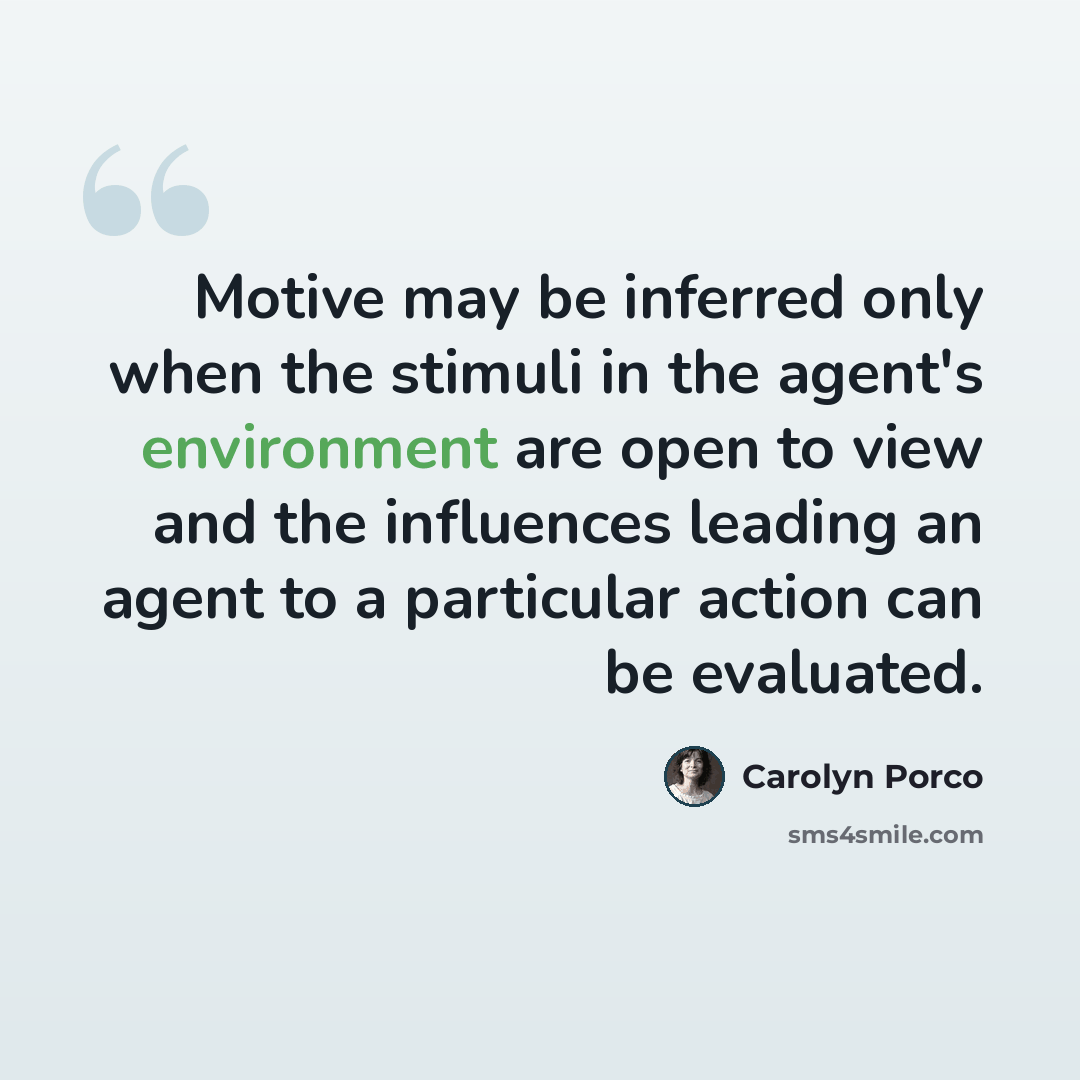 “Motive may be inferred only when the stimuli in the agent's environment are open to view and the influences leading an agent to a particular action can be evaluated.” quote by Carolyn Porco