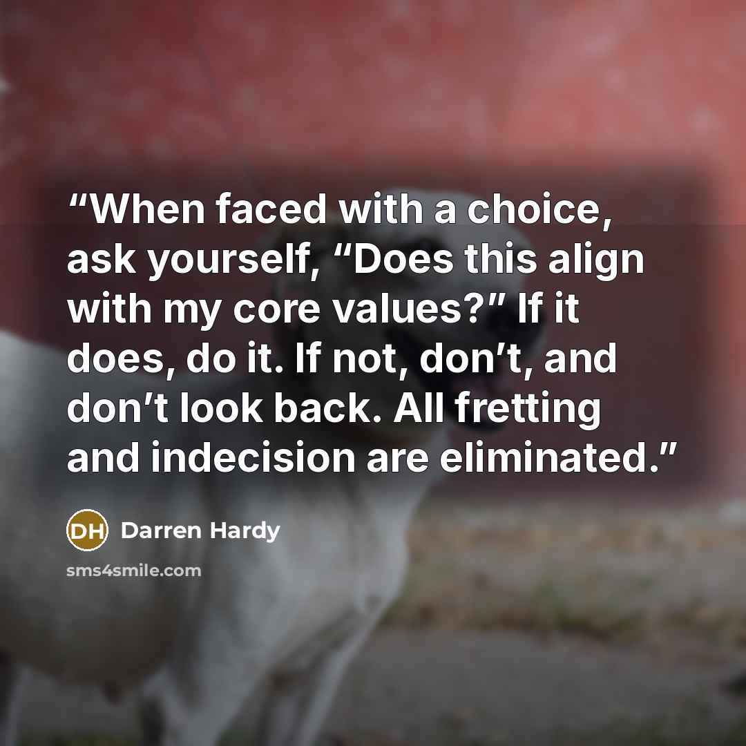 “When faced with a choice, ask yourself, “Does this align with my core values?” If it does, do it. If not, don’t, and don’t look back. All fretting and indecision are eliminated.” quote by Darren Hardy