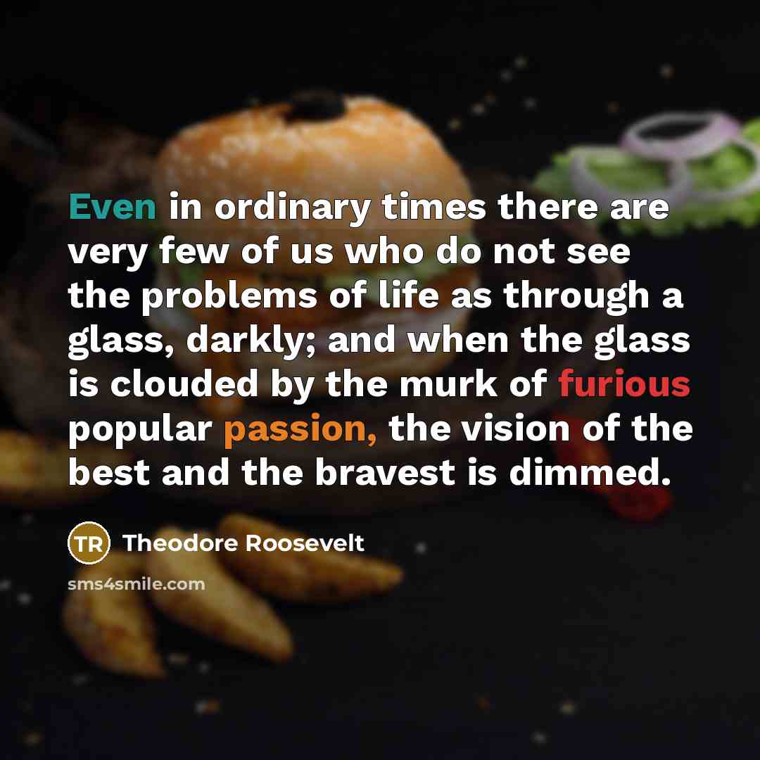 “Even in ordinary times there are very few of us who do not see the problems of life as through a glass, darkly; and when the glass is clouded by the murk of furious popular passion, the vision of the best and the bravest is dimmed.” quote by Theodore Roosevelt