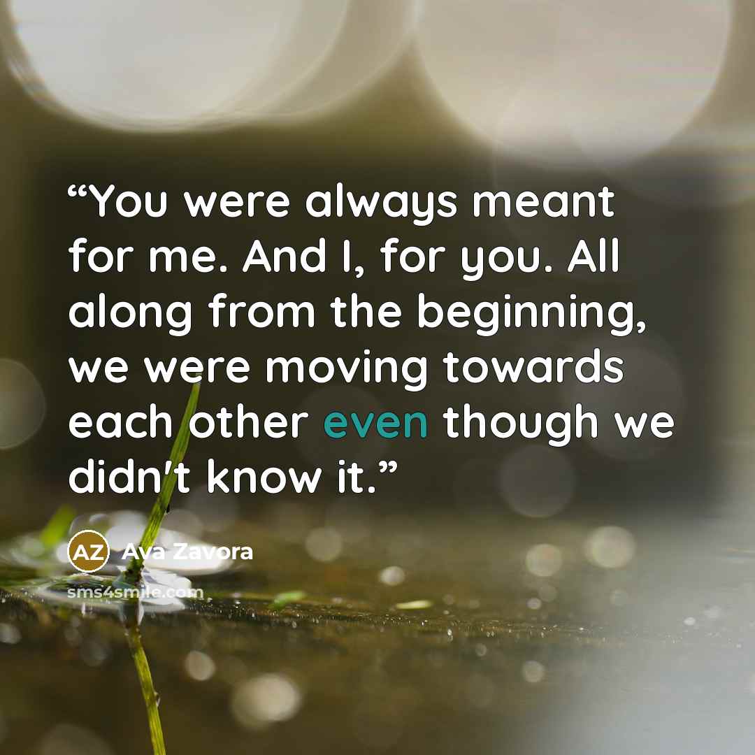 “You were always meant for me. And I, for you. All along from the beginning, we were moving towards each other even though we didn't know it.” quote by Ava Zavora