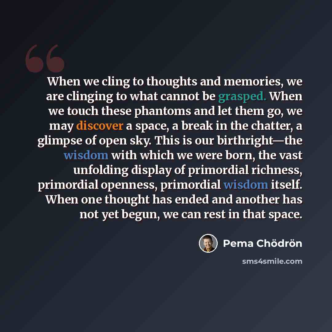 “When we cling to thoughts and memories, we are clinging to what cannot be grasped. When we touch these phantoms and let them go, we may discover a space, a break in the chatter, a glimpse of open sky. This is our birthright—the wisdom with which we were born, the vast unfolding display of…” quote by Pema Chodron