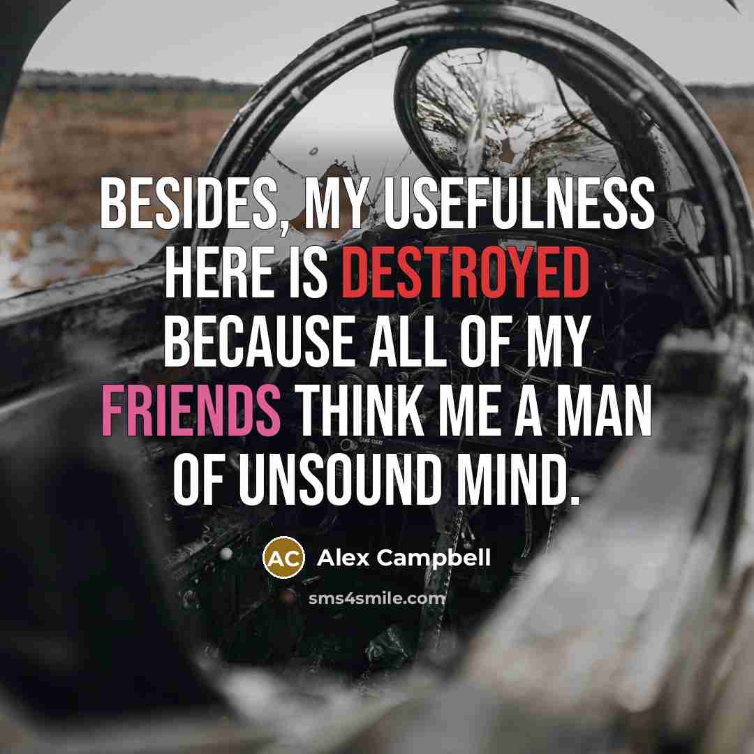 “Besides, my usefulness here is destroyed because all of my friends think me a man of unsound mind.” quote by Alex Campbell