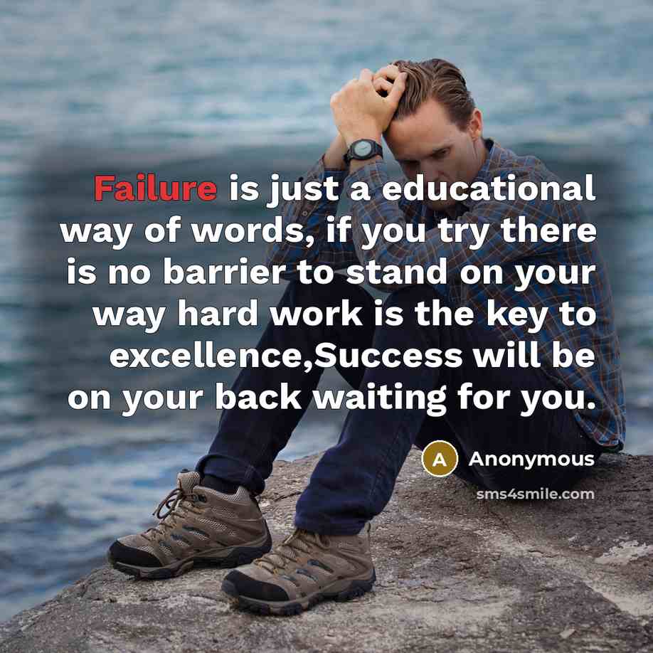 “Failure is just a educational way of words, if you try there is no barrier to stand on your way hard work is the key to excellence,Success will be on your back waiting for you.” quote by Anonymous