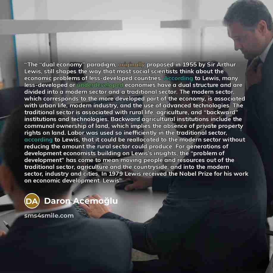 “The “dual economy” paradigm, originally proposed in 1955 by Sir Arthur Lewis, still shapes the way that most social scientists think about the economic problems of less-developed countries. According to Lewis, many less-developed or underdeveloped economies have a dual structure and are divided…” quote by Daron Acemoğlu