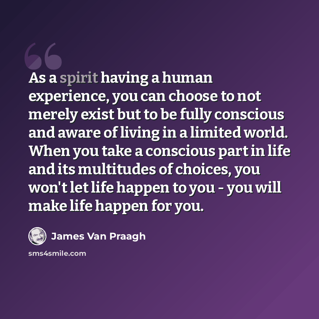 “As a spirit having a human experience, you can choose to not merely exist but to be fully conscious and aware of living in a limited world. When you take a conscious part in life and its multitudes of choices, you won't let life happen to you - you will make life happen for you.” quote by James Van Praagh