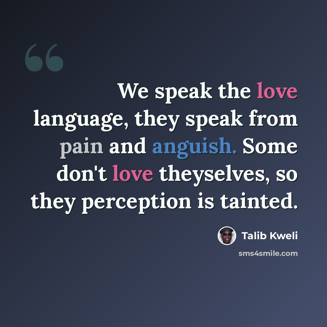 “We speak the love language, they speak from pain and anguish. Some don't love theyselves, so they perception is tainted.” quote by Talib Kweli