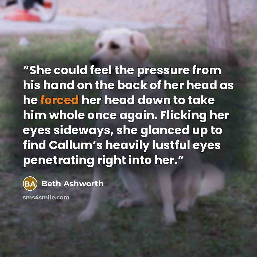 “She could feel the pressure from his hand on the back of her head as he forced her head down to take him whole once again. Flicking her eyes sideways, she glanced up to find Callum’s heavily lustful eyes penetrating right into her.” quote by Beth Ashworth