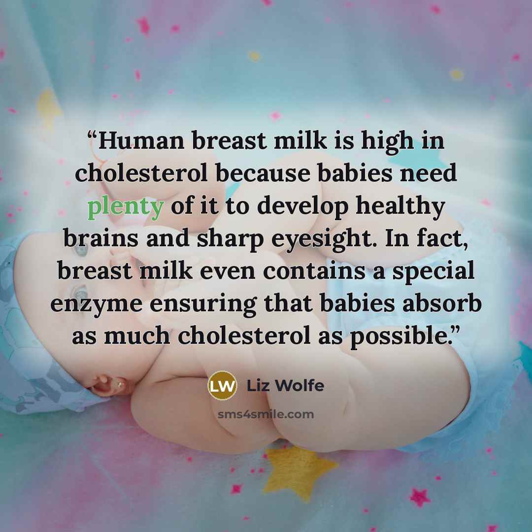 “Human breast milk is high in cholesterol because babies need plenty of it to develop healthy brains and sharp eyesight. In fact, breast milk even contains a special enzyme ensuring that babies absorb as much cholesterol as possible.” quote by Liz Wolfe