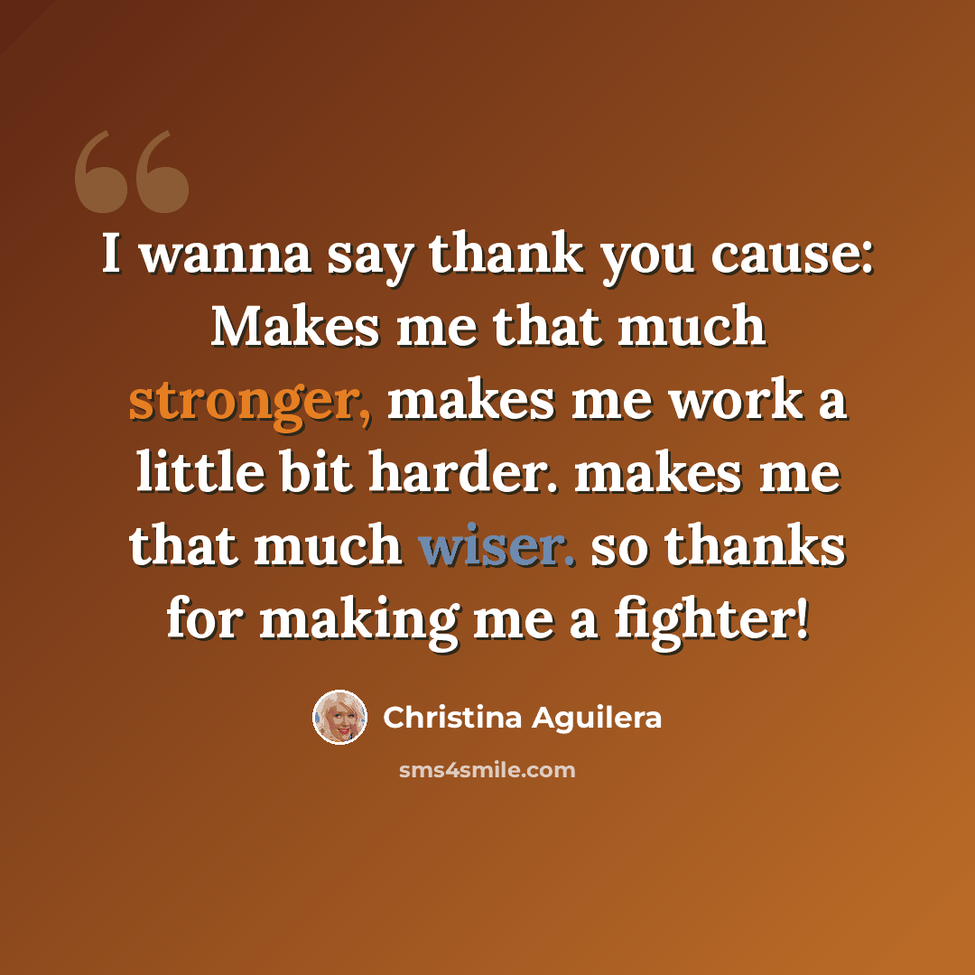 “I wanna say thank you cause: Makes me that much stronger, makes me work a little bit harder. makes me that much wiser. so thanks for making me a fighter!” quote by Christina Aguilera