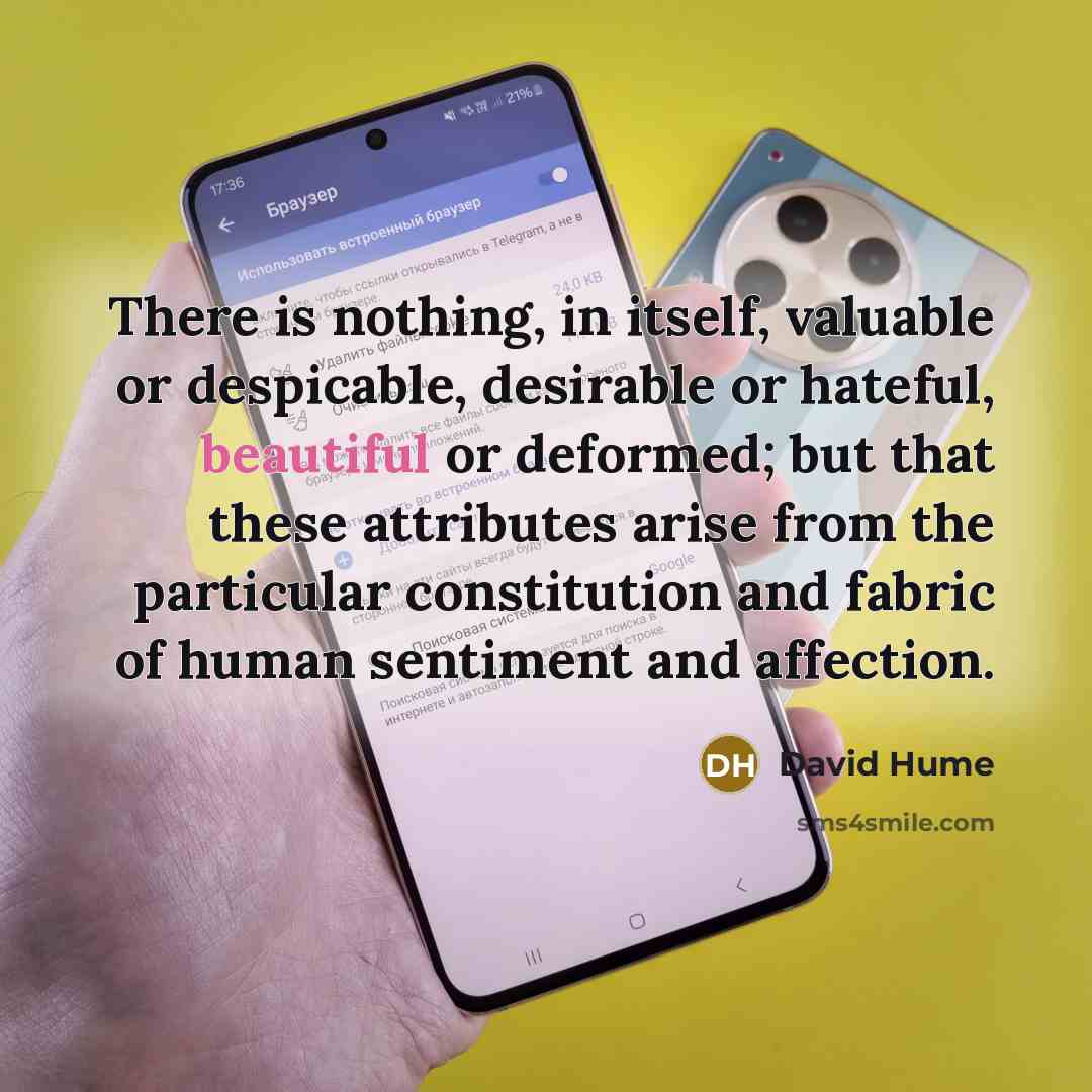 “There is nothing, in itself, valuable or despicable, desirable or hateful, beautiful or deformed; but that these attributes arise from the particular constitution and fabric of human sentiment and affection.” quote by David Hume