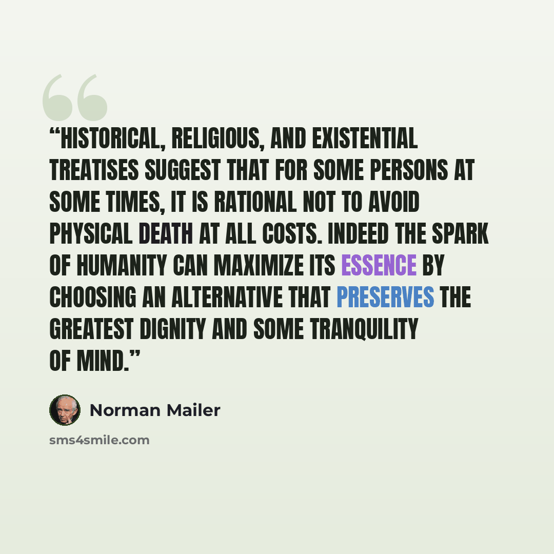 “Historical, religious, and existential treatises suggest that for some persons at some times, it is rational not to avoid physical death at all costs. Indeed the spark of humanity can maximize its essence by choosing an alternative that preserves the greatest dignity and some tranquility of mind.” quote by Norman Mailer