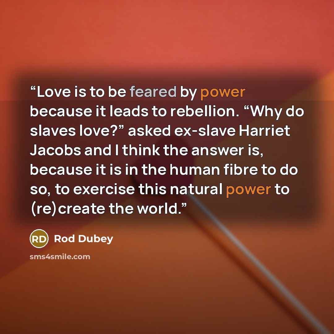 “Love is to be feared by power because it leads to rebellion. “Why do slaves love?” asked ex-slave Harriet Jacobs and I think the answer is, because it is in the human fibre to do so, to exercise this natural power to (re)create the world.” quote by Rod Dubey