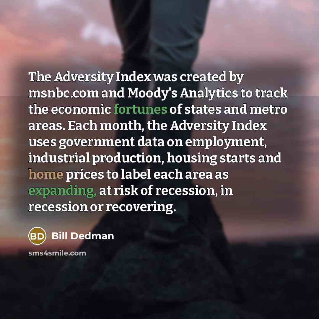 “The Adversity Index was created by msnbc.com and Moody's Analytics to track the economic fortunes of states and metro areas. Each month, the Adversity Index uses government data on employment, industrial production, housing starts and home prices to label each area as expanding, at risk of…” quote by Bill Dedman