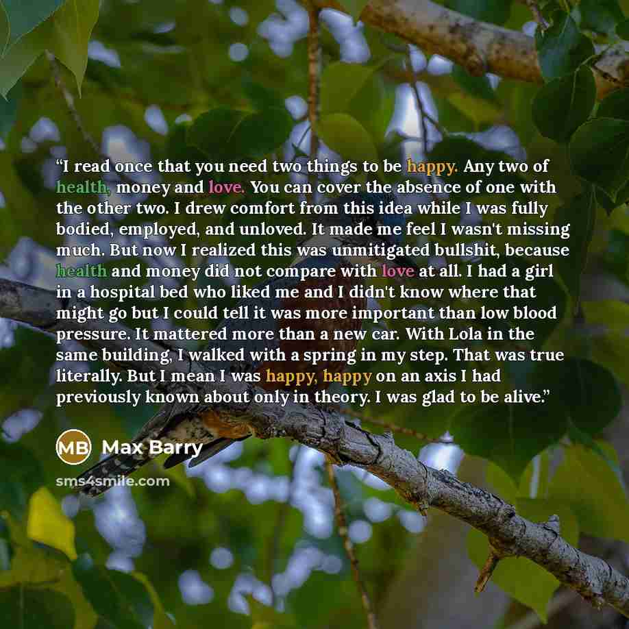 “I read once that you need two things to be happy. Any two of health, money and love. You can cover the absence of one with the other two. I drew comfort from this idea while I was fully bodied, employed, and unloved. It made me feel I wasn't missing much. But now I realized this was unmitigated…” quote by Max Barry