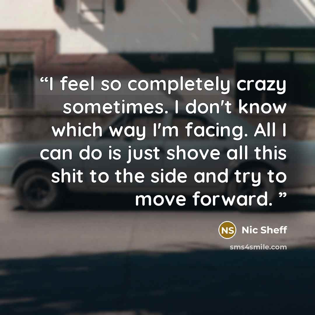 “I feel so completely crazy sometimes. I don't know which way I'm facing. All I can do is just shove all this shit to the side and try to move forward.” quote by Nic Sheff